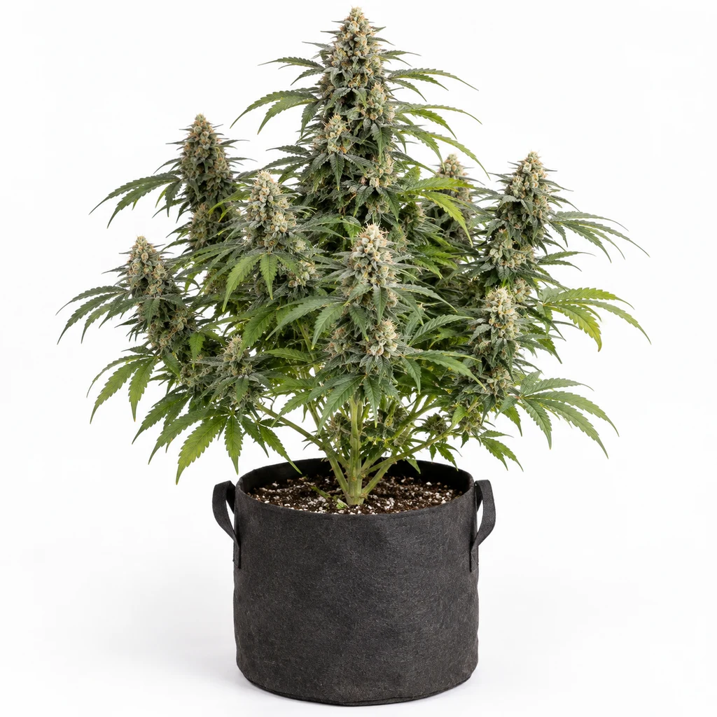 Ilustración de una planta de cannabis en floración para la ficha de Gorilla Snow Ultra CBD, con cogollos y maceta negra con asas.