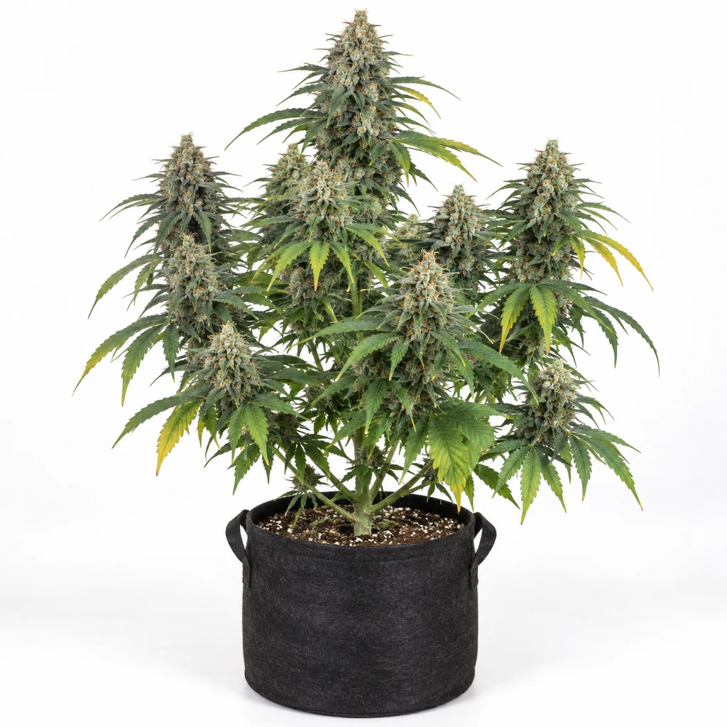 Ilustración de una planta en floración para la ficha de Cheese Feminizada de Vision Seeds, con varias colas y maceta negra con asas.