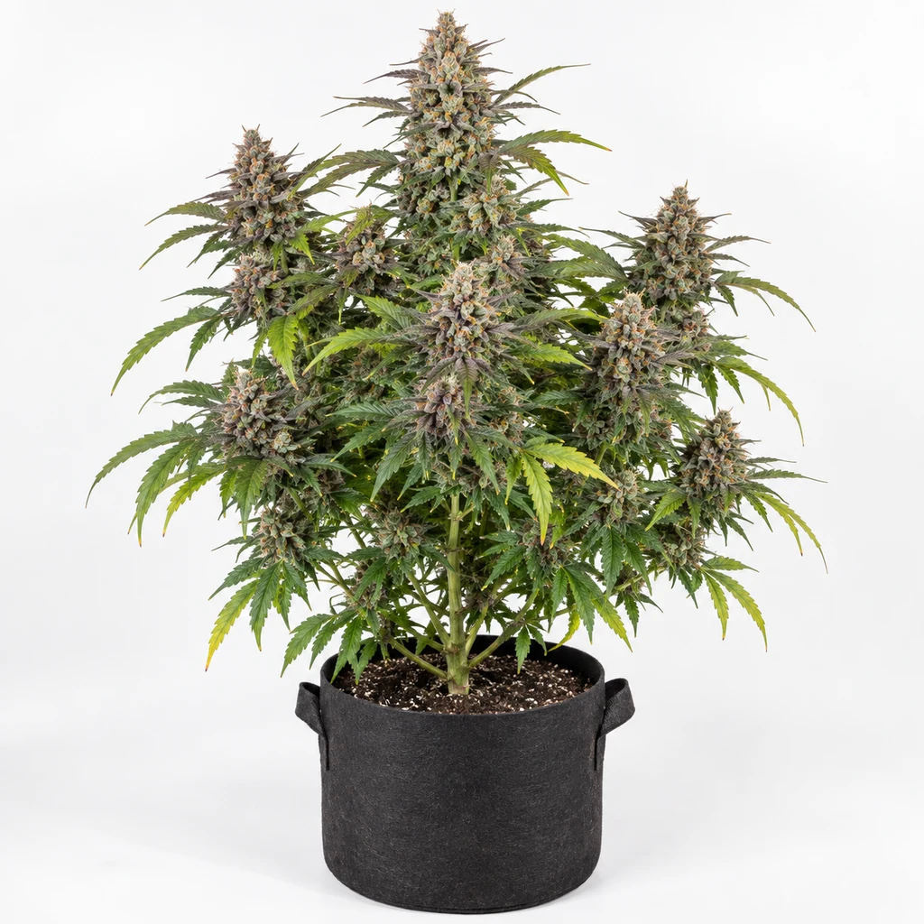 Ilustración de una planta en floración para la ficha de Auto Gelato de Nirvana Seeds, con cogollos abundantes en maceta negra.