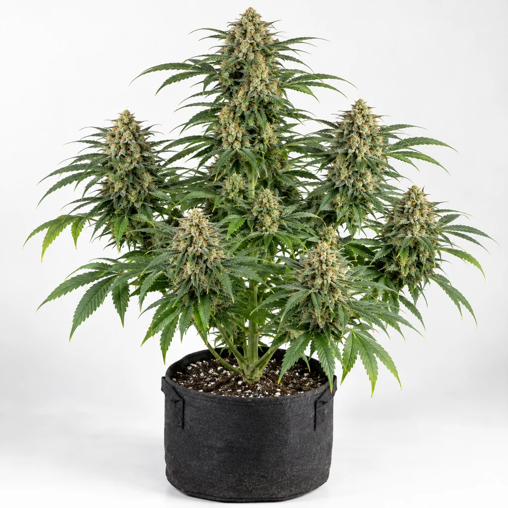 Ilustración de una planta de cannabis para la ficha de Roswell Code, con varias flores y hojas verdes en maceta negra sobre fondo blanco.