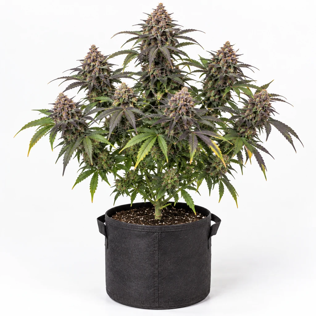 Ilustración de una planta en floración para la ficha de Auto Granddaddy Purple, con cogollos violáceos y maceta negra sobre fondo blanco.