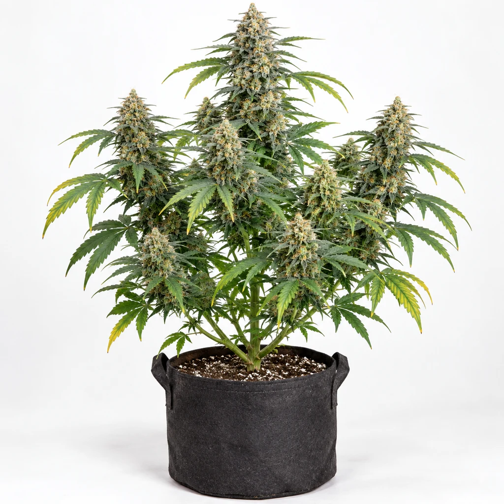 Ilustración de una planta de cannabis en floración para la ficha de Moby Dick Auto, con varias colas florales en una maceta textil negra.