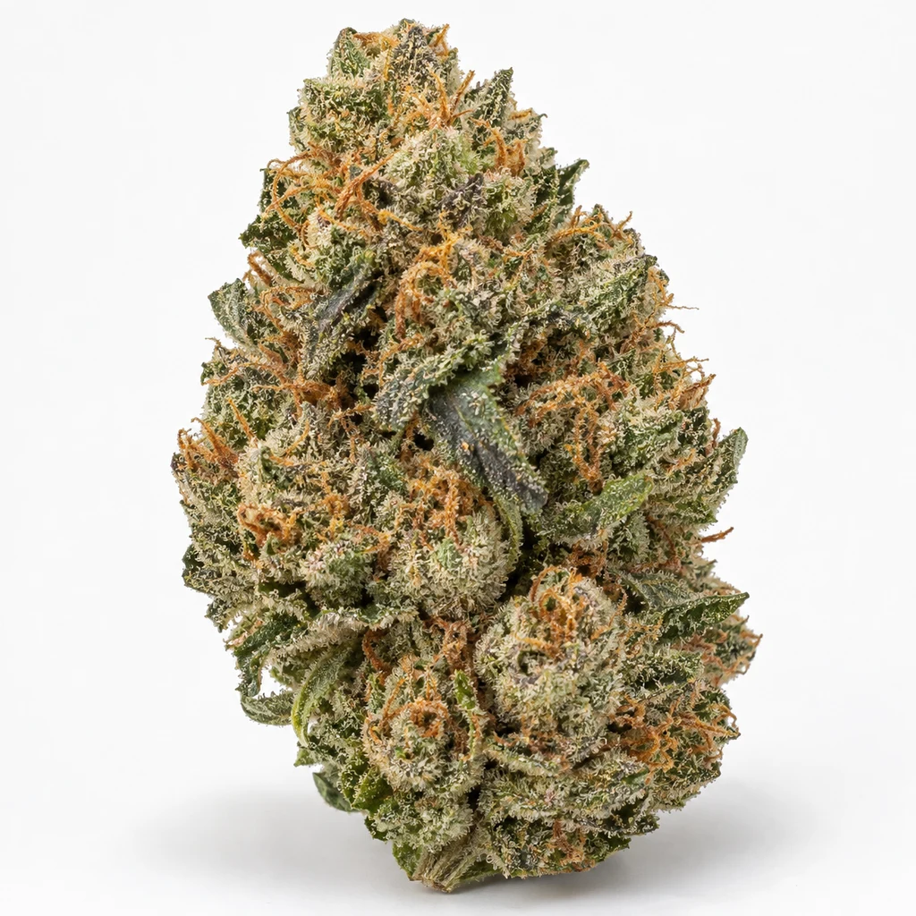 Ilustración de un cogollo alargado con hojas verdes y pistilos anaranjados para la ficha de Blue Cheese Auto – The Original Big Buddha Family Farms.