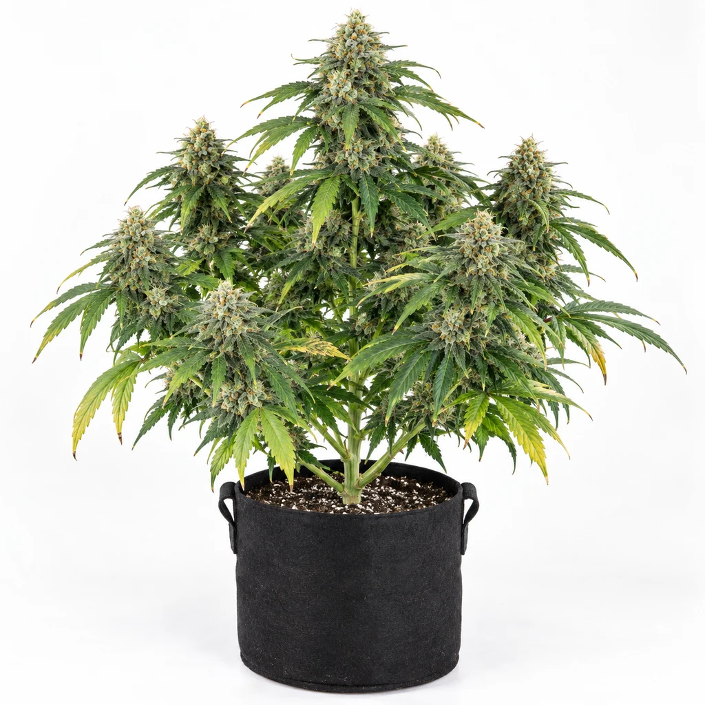 Ilustración de una planta de cannabis para la ficha de Blue Cheese Auto, con abundantes cogollos y hojas verdes en maceta negra sobre fondo blanco.