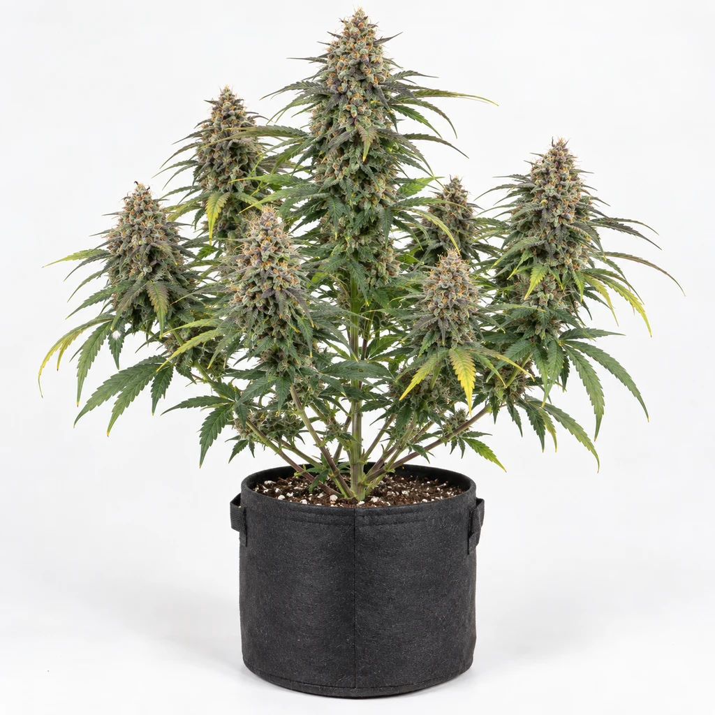 Ilustración de una planta de cannabis en floración, en maceta negra, para la ficha de Banana Sapphire Feminizada de Humboldt Seeds Organization.