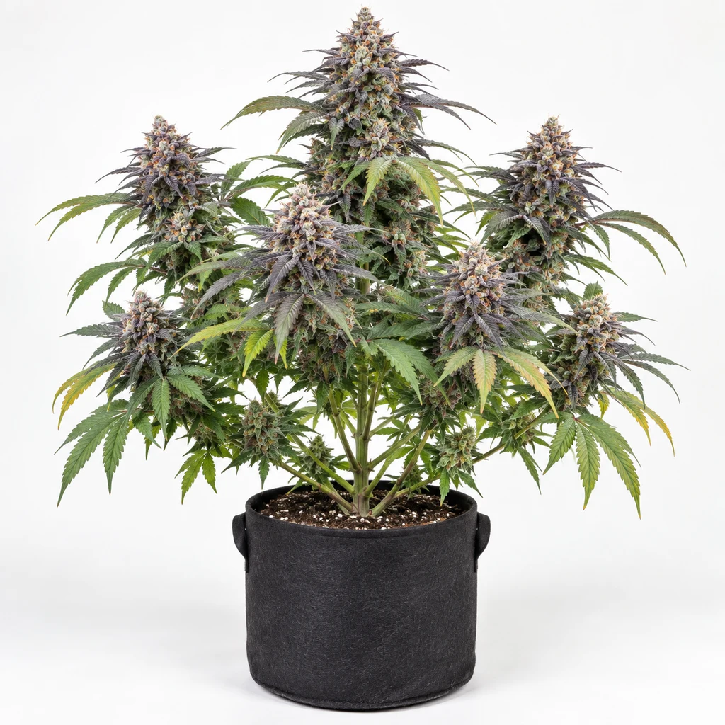 Ilustración de una planta en floración para la ficha de Grape Mints x Zkittlez Regular, con hojas verdes y moradas en maceta negra.