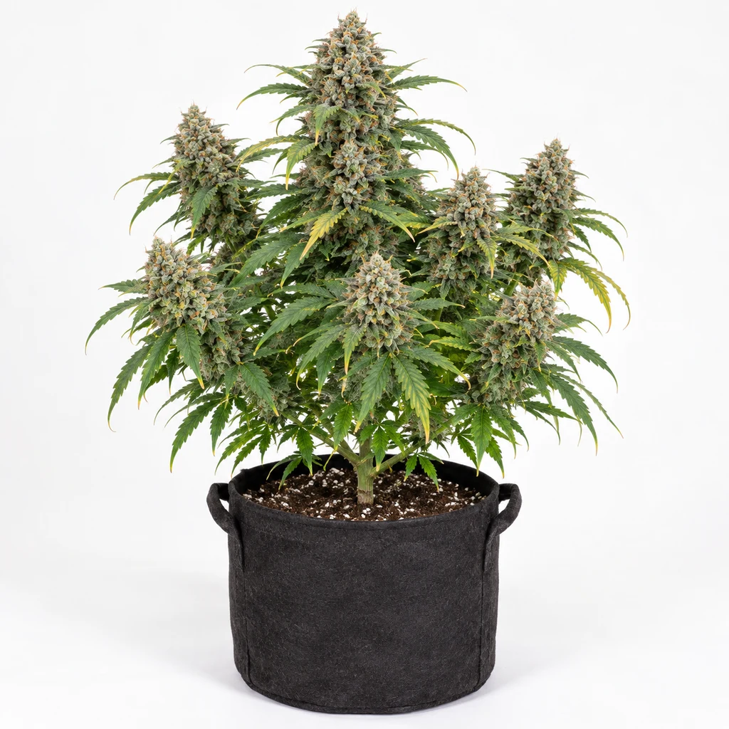 Ilustración de una planta en floración para la ficha de Sticky Dream Auto, con varios cogollos y maceta textil negra sobre fondo blanco.