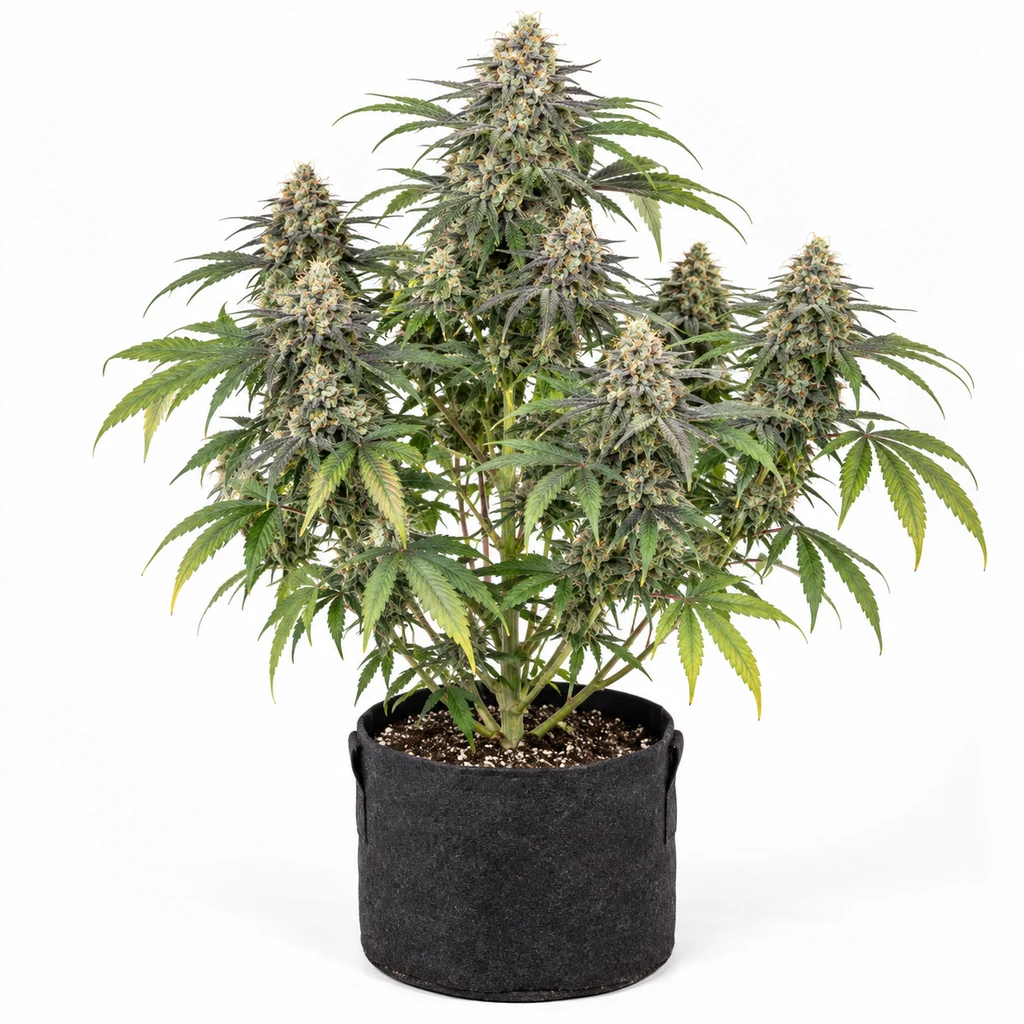 Ilustración de una planta de cannabis en floración en maceta negra sobre fondo blanco para la ficha de Slush Mint Cake Feminizada.