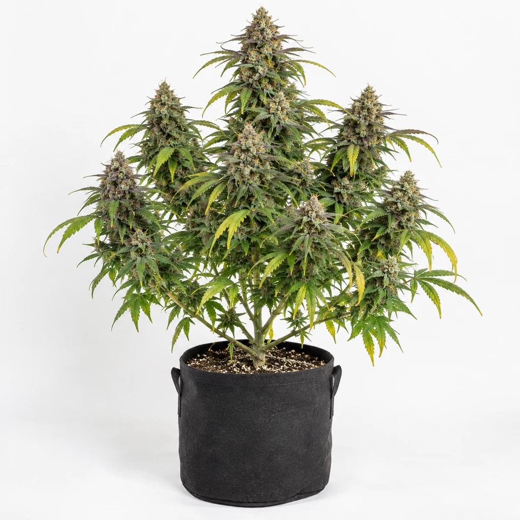 Ilustración de una planta de cannabis para la ficha de Caramerma Regular, con cogollo central alto y hojas verdes y amarillas en maceta negra.