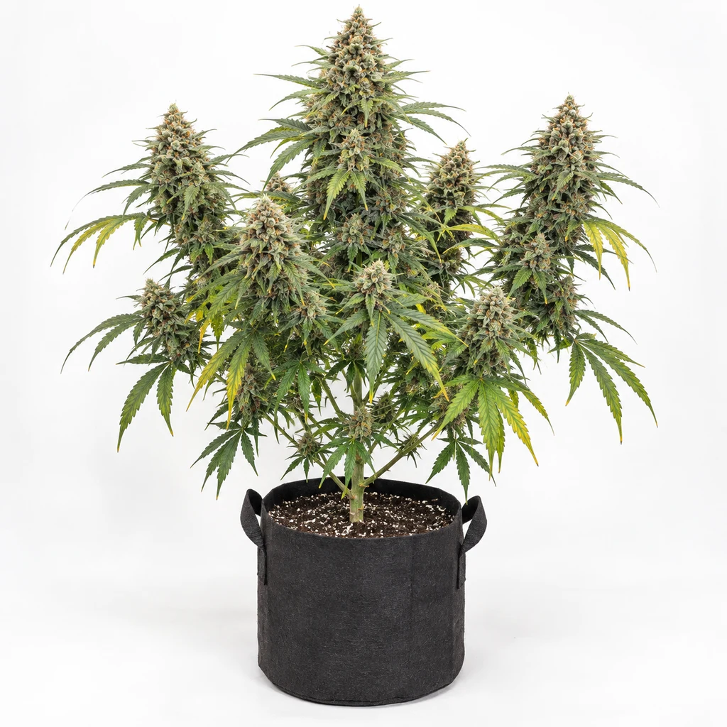 Ilustración de cannabis en floración en maceta negra para la ficha de Motorbreath x Sour Face Feminizada, con cogollos y hojas verdes y amarillas.