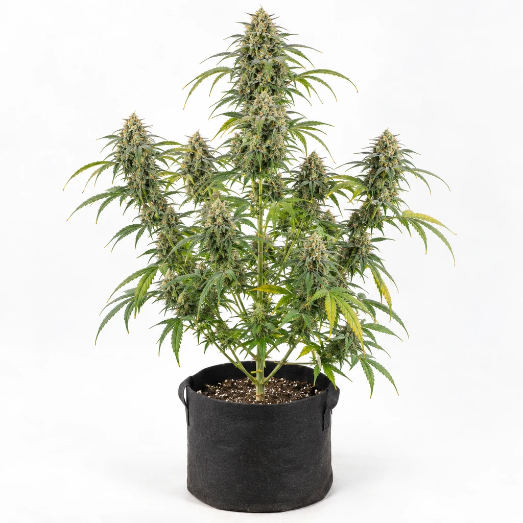 Ilustración de una planta en floración para la ficha de Terp & Tonic Feminizada, con cogollo central alto y maceta negra sobre fondo blanco.