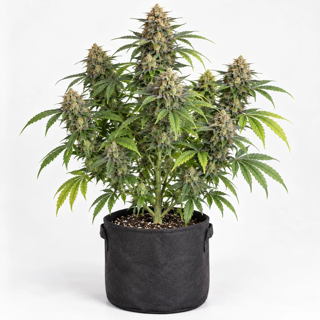 Ilustración de una planta en floración para la ficha de Crispy Sugar Feminizada, con varias ramas floridas en una maceta negra.