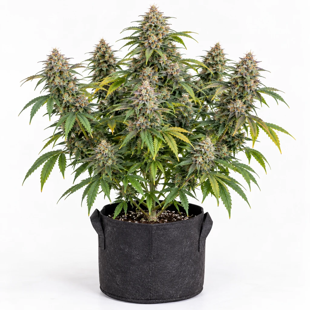 Ilustración de una planta ramificada con abundantes flores y hojas verdes y amarillas en maceta negra para la ficha de Guava Sundae Auto.
