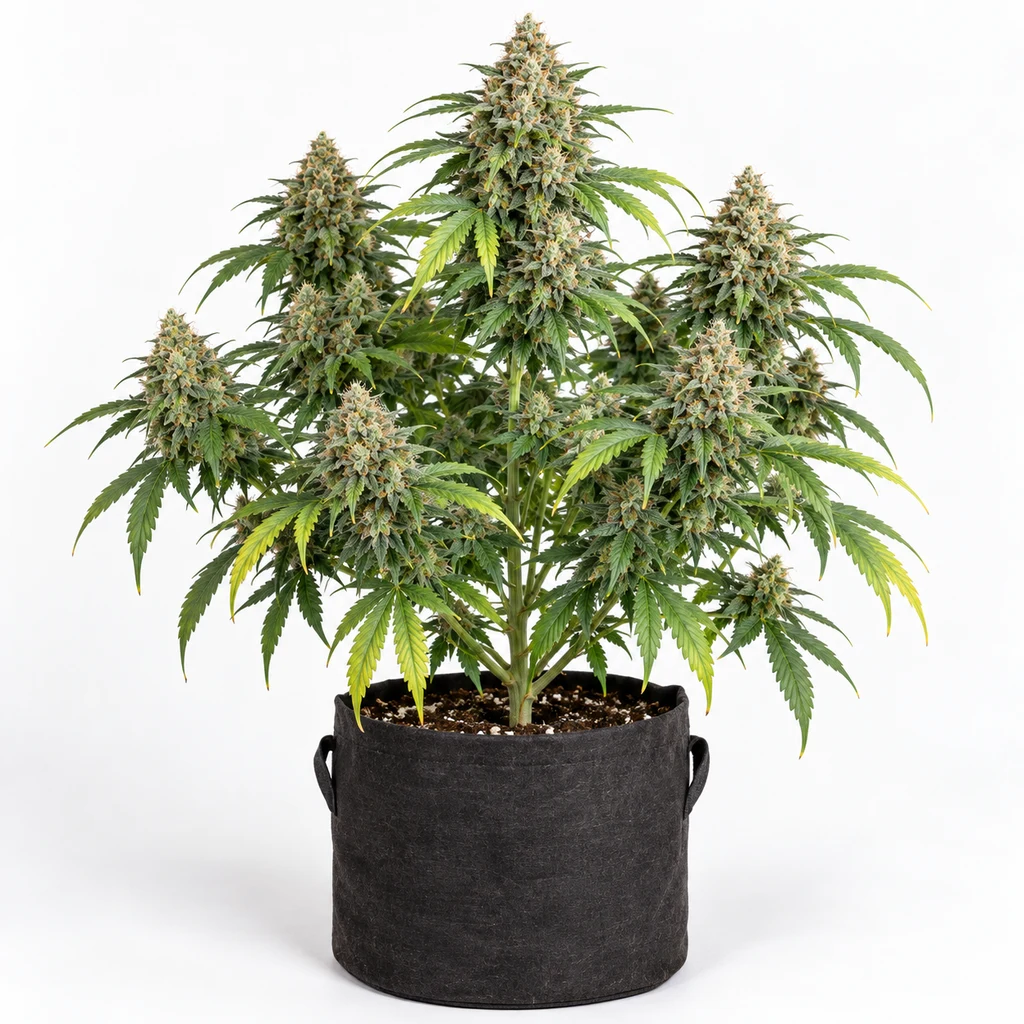 Ilustración de una planta de cannabis ramificada con cogollos voluminosos en maceta negra, para la ficha de Milky Dreams Feminizada.