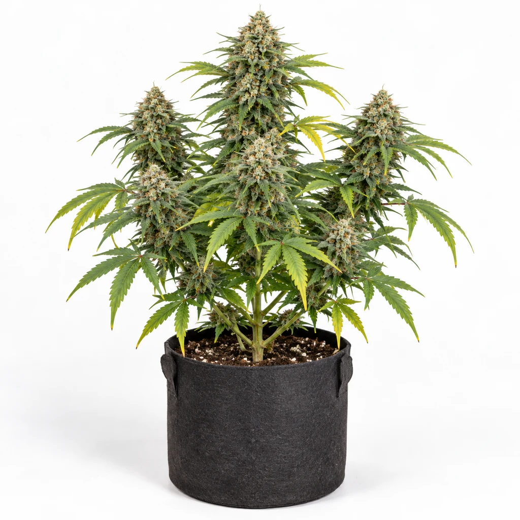 Ilustración de una planta en floración en maceta textil negra, con varios cogollos y hojas verdes y amarillas, para la ficha de Skunk Auto.