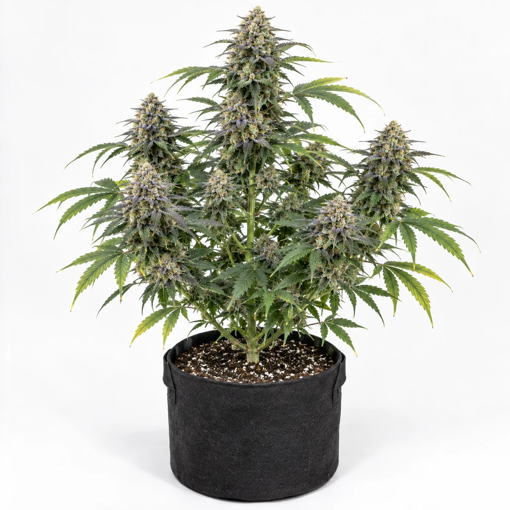 Ilustración de planta en maceta negra con cogollo central alto, flores laterales y hojas verdes para la ficha de Auto Gorilla Blue.