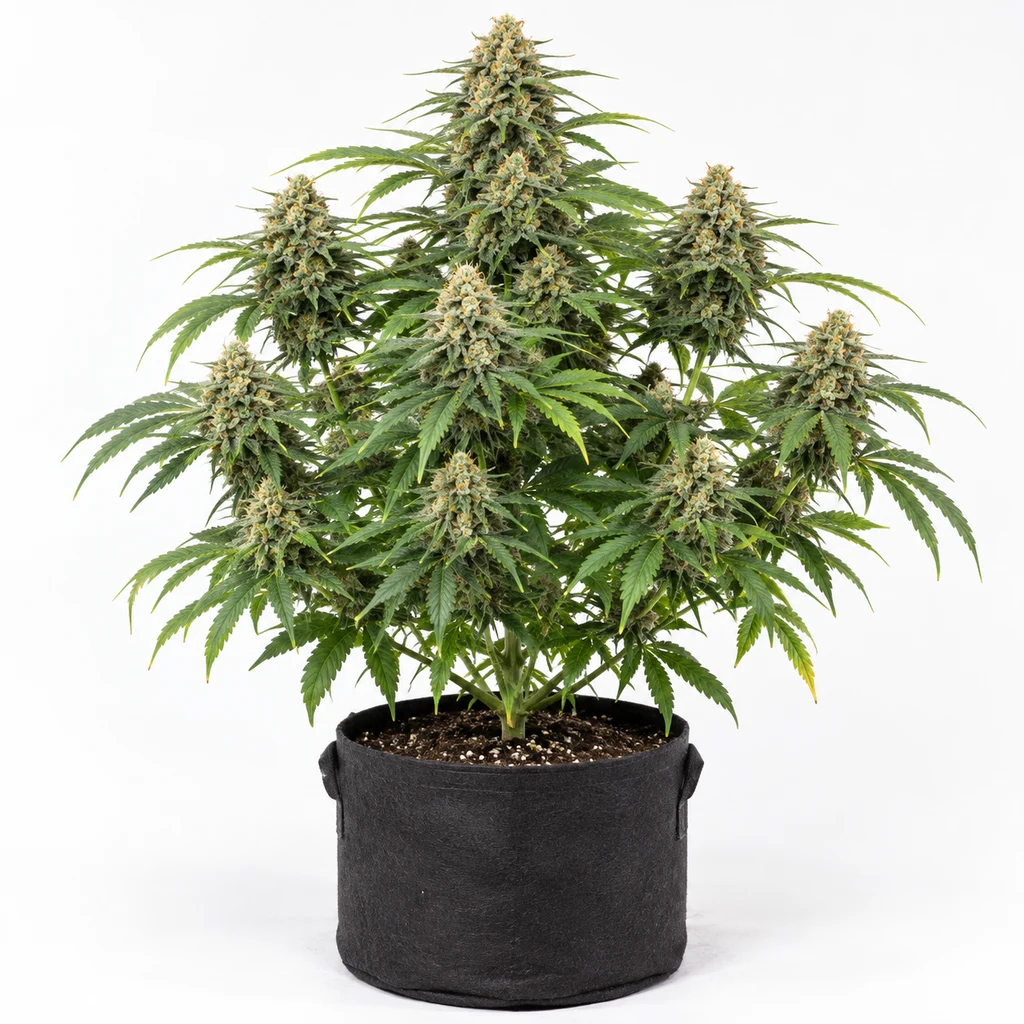 Ilustración de una planta de cannabis en floración para la ficha de Auto Gorilla Glue de BSF Seeds, en maceta negra sobre fondo blanco.