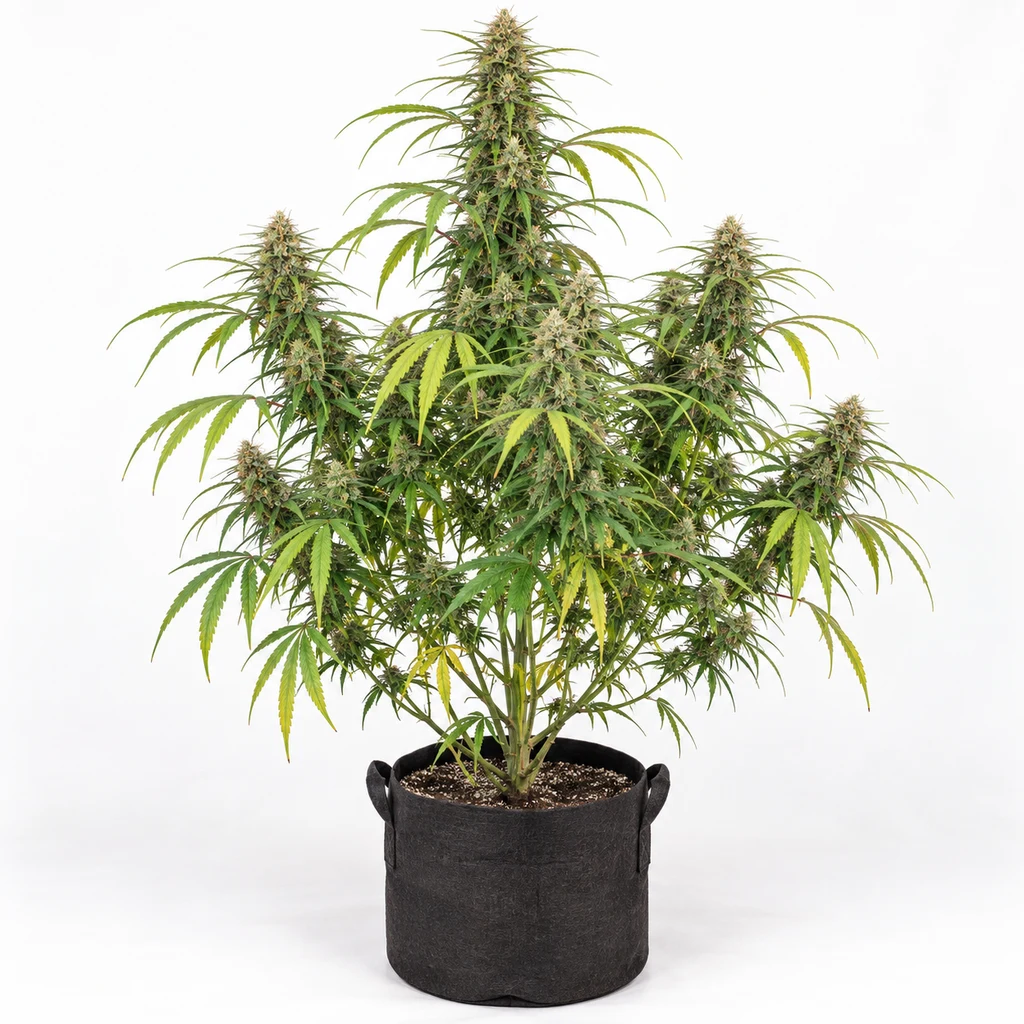 Ilustración de una planta alta con flores alargadas y hojas estrechas en maceta negra para la ficha de Nevilles Haze Mango Regular.