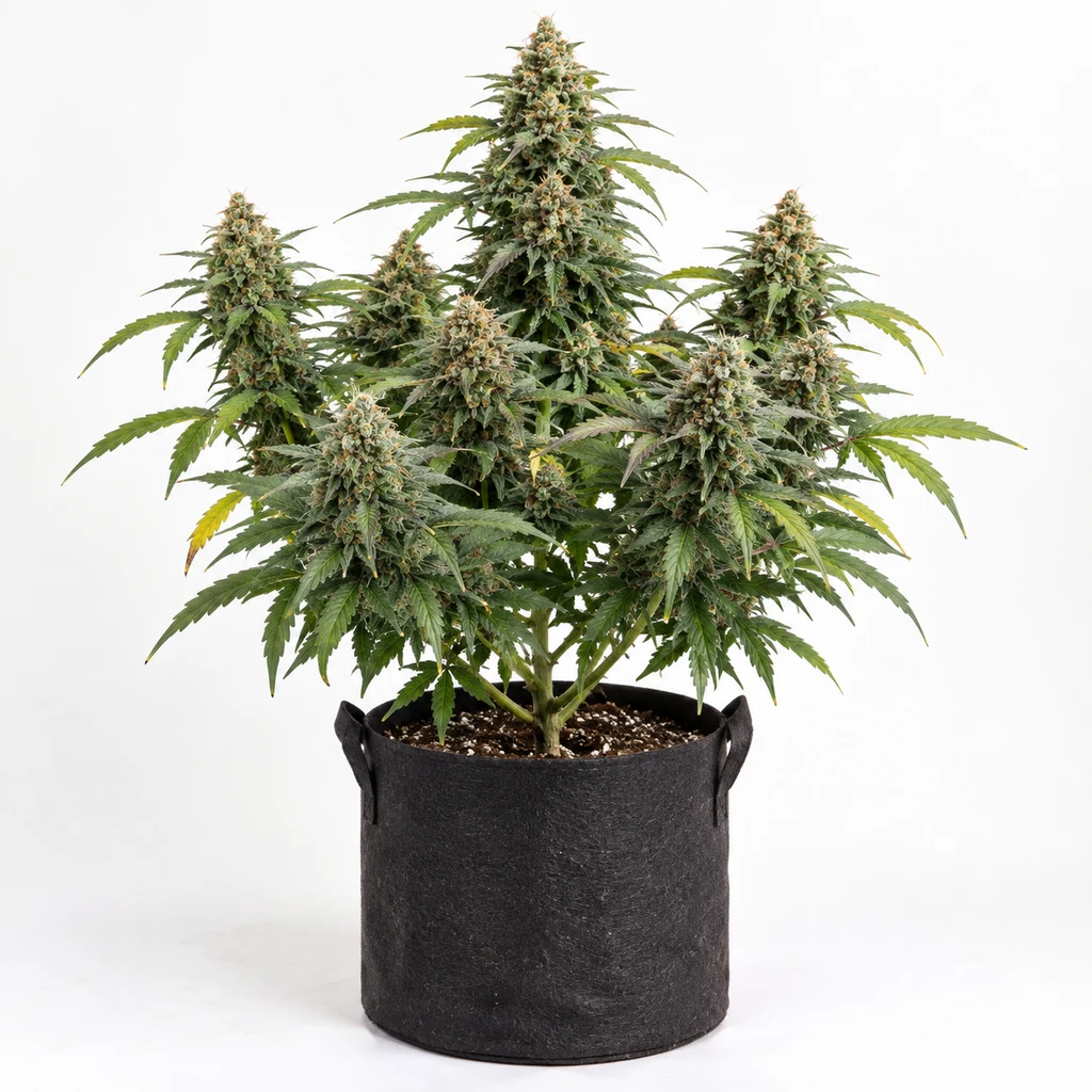 Ilustración de una planta en floración en maceta negra, con grandes cogollos, para la ficha de Kushadelic Feminizada de Soma Seeds.