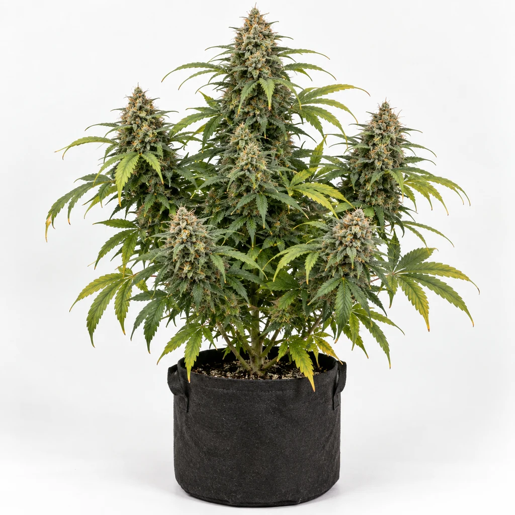 Ilustración de una planta con cogollos y hojas verdes y amarillas en maceta negra para la ficha de Lemon Amber Kush Feminizada de G13 Labs.