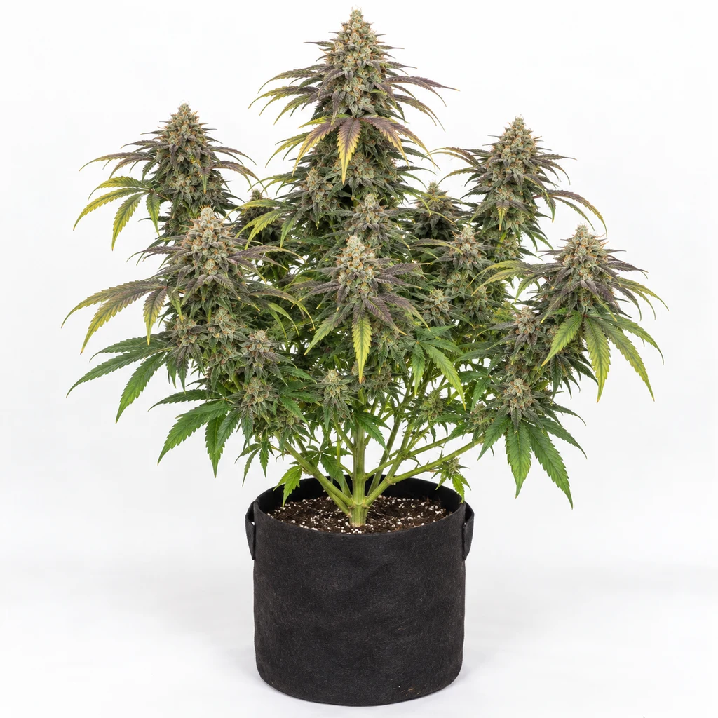 Ilustración de una planta en maceta con cogollos y hojas verdes y moradas para la ficha de Tropicanna Cookies x K-Mintz Ed. Lim Feminizada – Ripper Seeds.