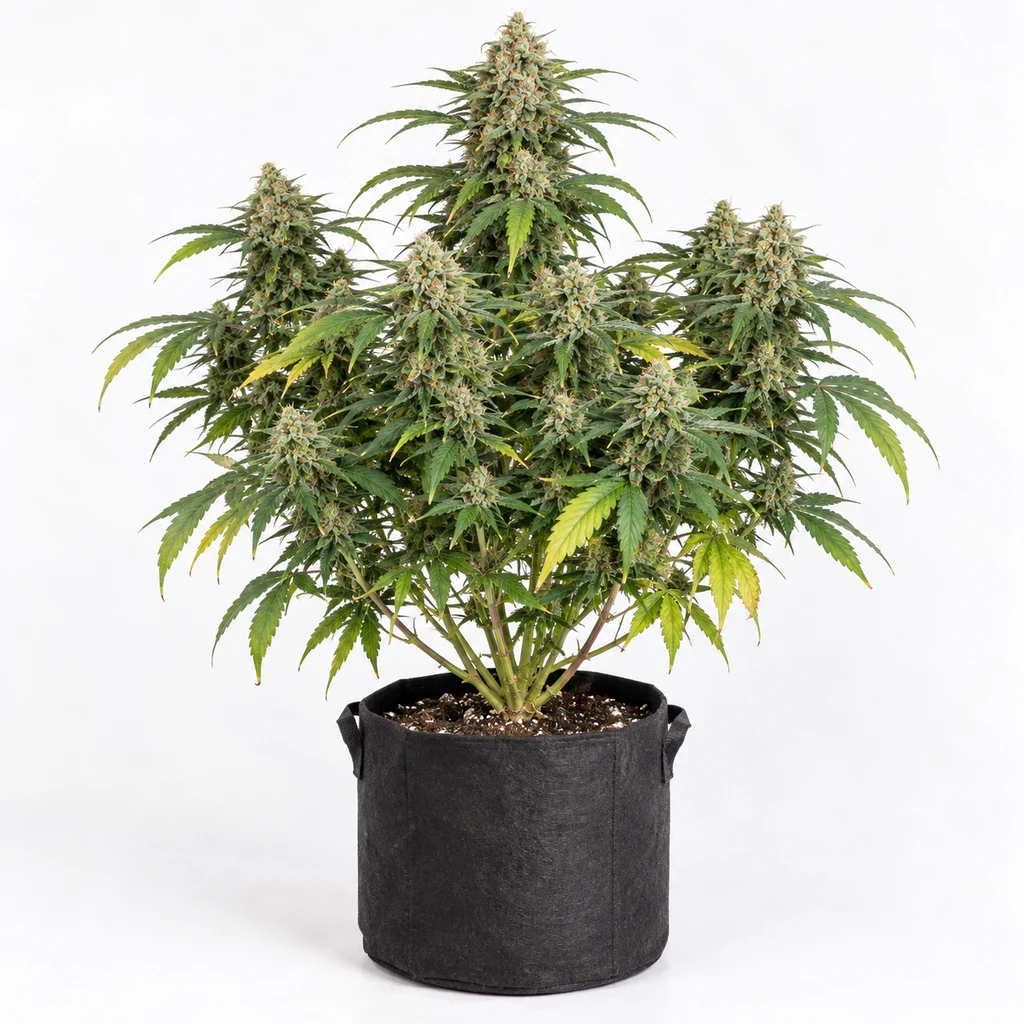 Ilustración de una planta de cannabis con flores abundantes en maceta negra de tela para la ficha de Medicine Man Regular.