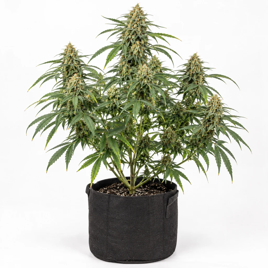 Ilustración de una planta en floración en maceta textil negra, con hojas verdes y flores alargadas, para la ficha de Sour Diesel Feminizada.