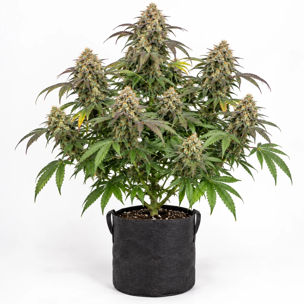 Ilustración de una planta de cannabis con abundantes flores y hojas verdes y violáceas en maceta negra, para la ficha de Orange Runtz Cake Feminizada.