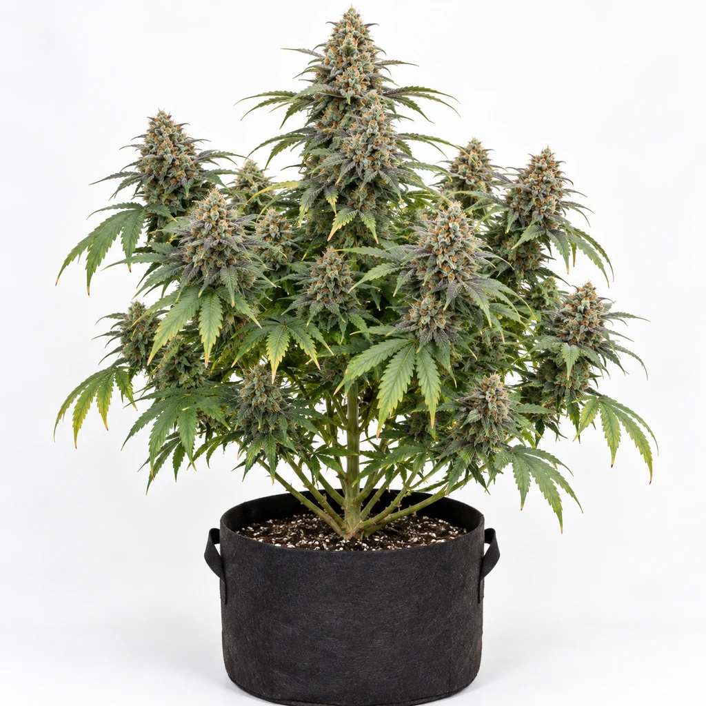 Ilustración de una planta de cannabis con abundantes flores y hojas verdes en maceta de tela negra, para la ficha de Sugar Tree Feminizada.