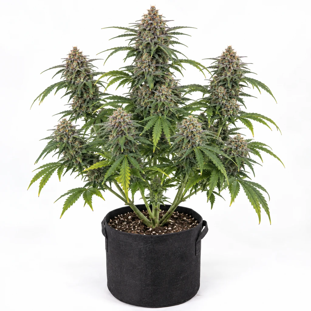 Ilustración de una planta en floración para la ficha de Dark Kush Auto, con varias colas florales y hojas verdes en una maceta negra.