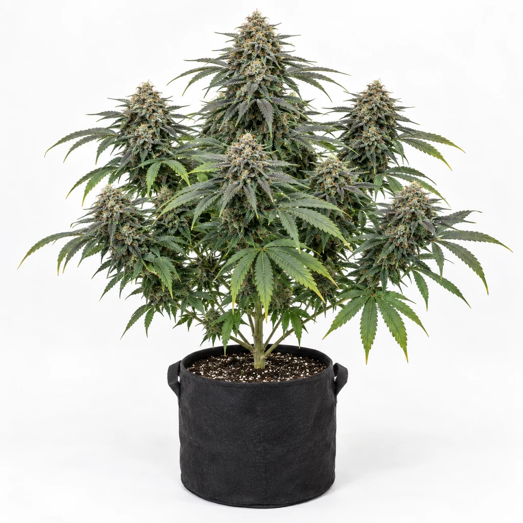Ilustración de una planta de cannabis en floración en maceta negra, para la ficha de Cookies Kush Feminizada de Spain Seeds.