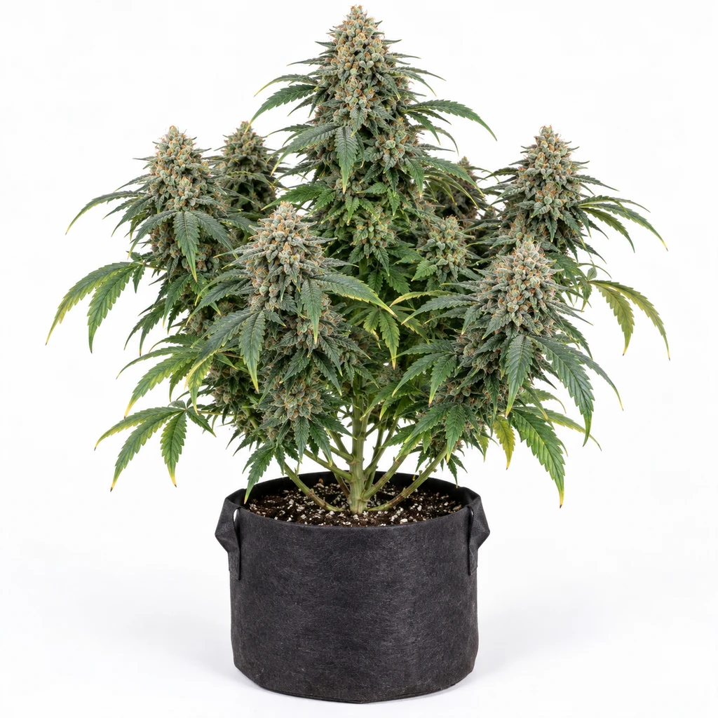 Ilustración de una planta de cannabis con flores densas y hojas verdes en maceta oscura para la ficha de Julius Caesar Feminizada.