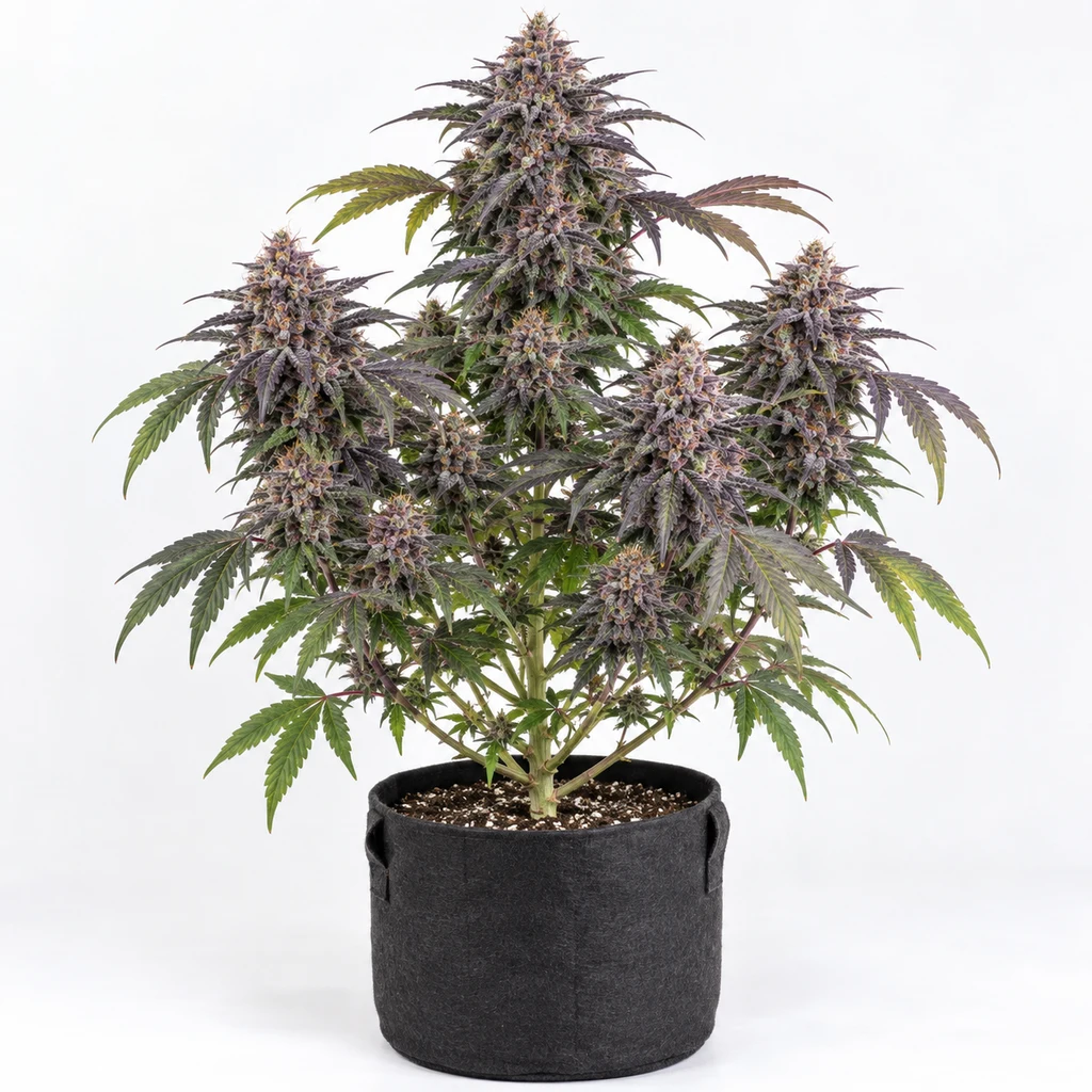 Ilustración de una planta de cannabis con flores densas y hojas verdes y moradas en maceta negra para la ficha de Forbidden Mochi Feminizada.