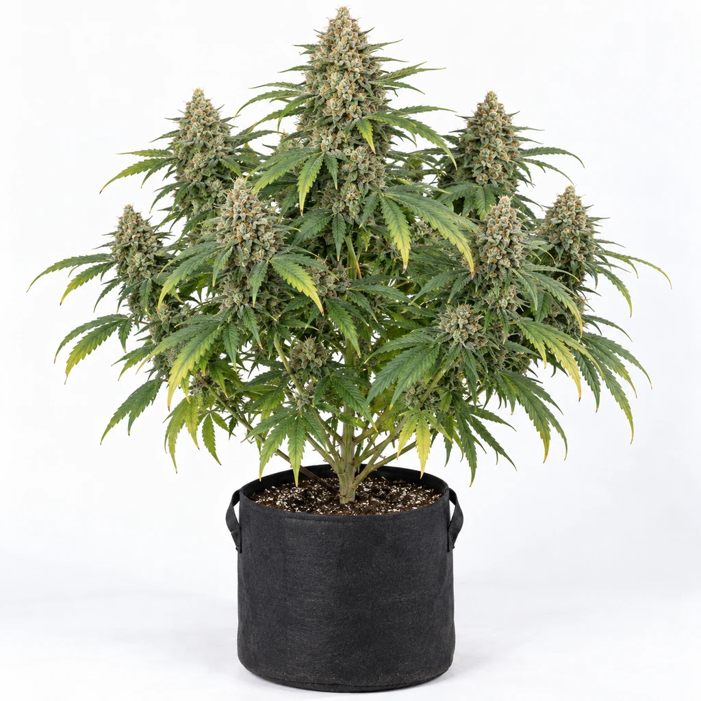 Ilustración de una planta con abundantes cogollos y hojas verdes y amarillas en maceta negra, para la ficha de Serious Kush Feminizada.