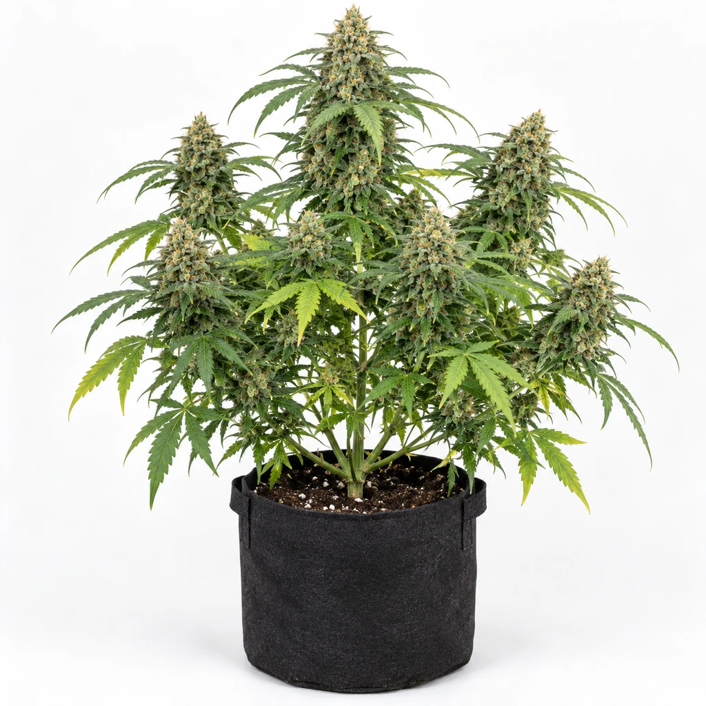 Ilustración de planta de cannabis en floración en maceta textil negra para la ficha de Super Skunk Thunderstorm Autofloreciente.