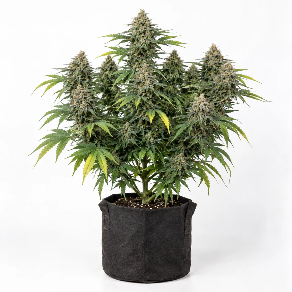 Ilustración de una planta en floración con varias colas y maceta negra para la ficha de Micro Batch R&D Feminizada.