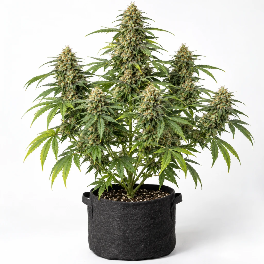 Ilustración de una planta de cannabis en floración para la ficha de Jack Herer Auto, con cogollos alargados en maceta textil negra.