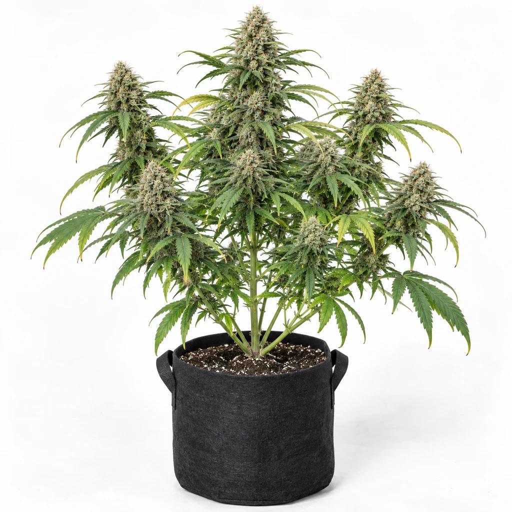 Ilustración de una planta de cannabis en floración en maceta negra para la ficha de Sour Betty Feminizada de Anesia Seeds.