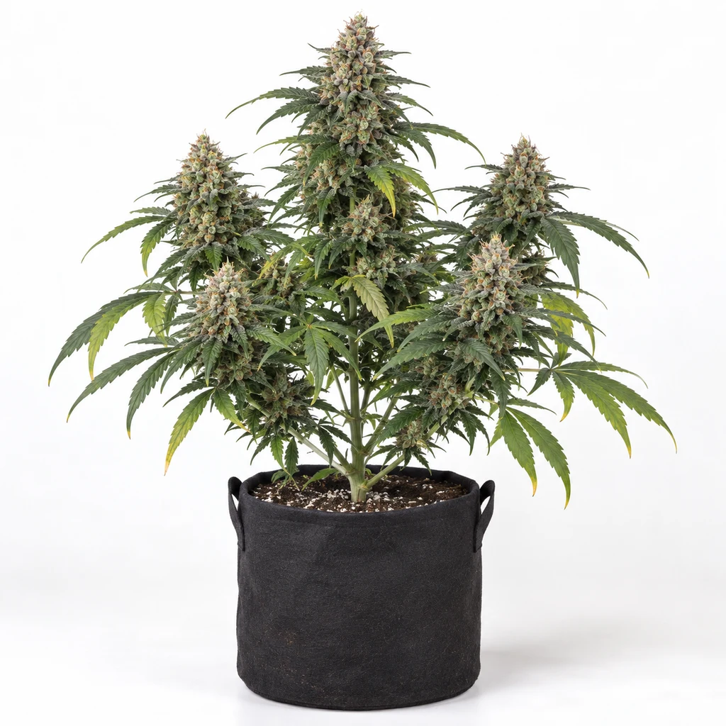 Ilustración de una planta en floración para la ficha de Dream Sherbet Auto, con cogollos y hojas dentadas en maceta negra sobre fondo blanco.