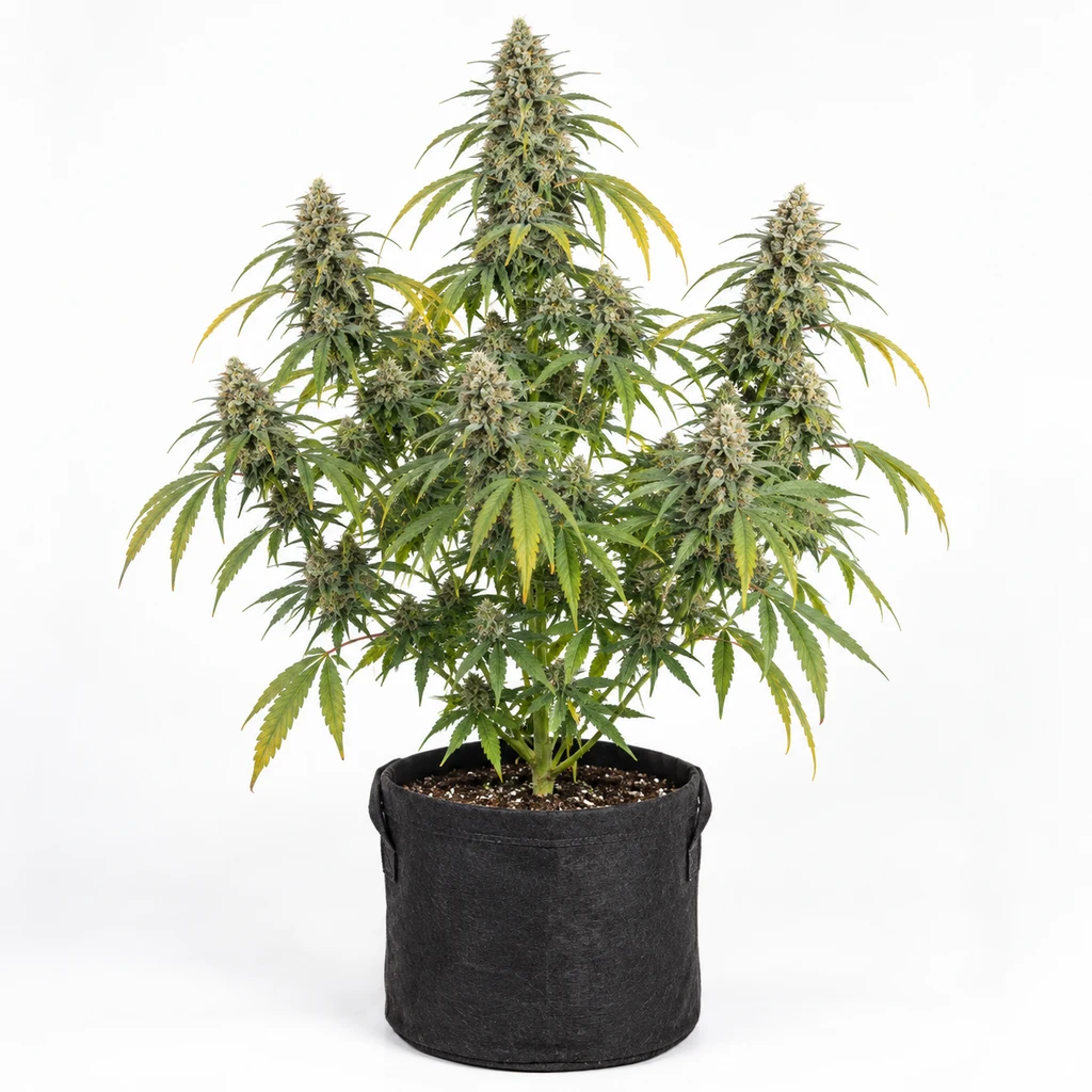 Ilustración de una planta en floración para la ficha de Silver Haze 9 Feminizada, con cogollos alargados y maceta negra sobre fondo blanco.