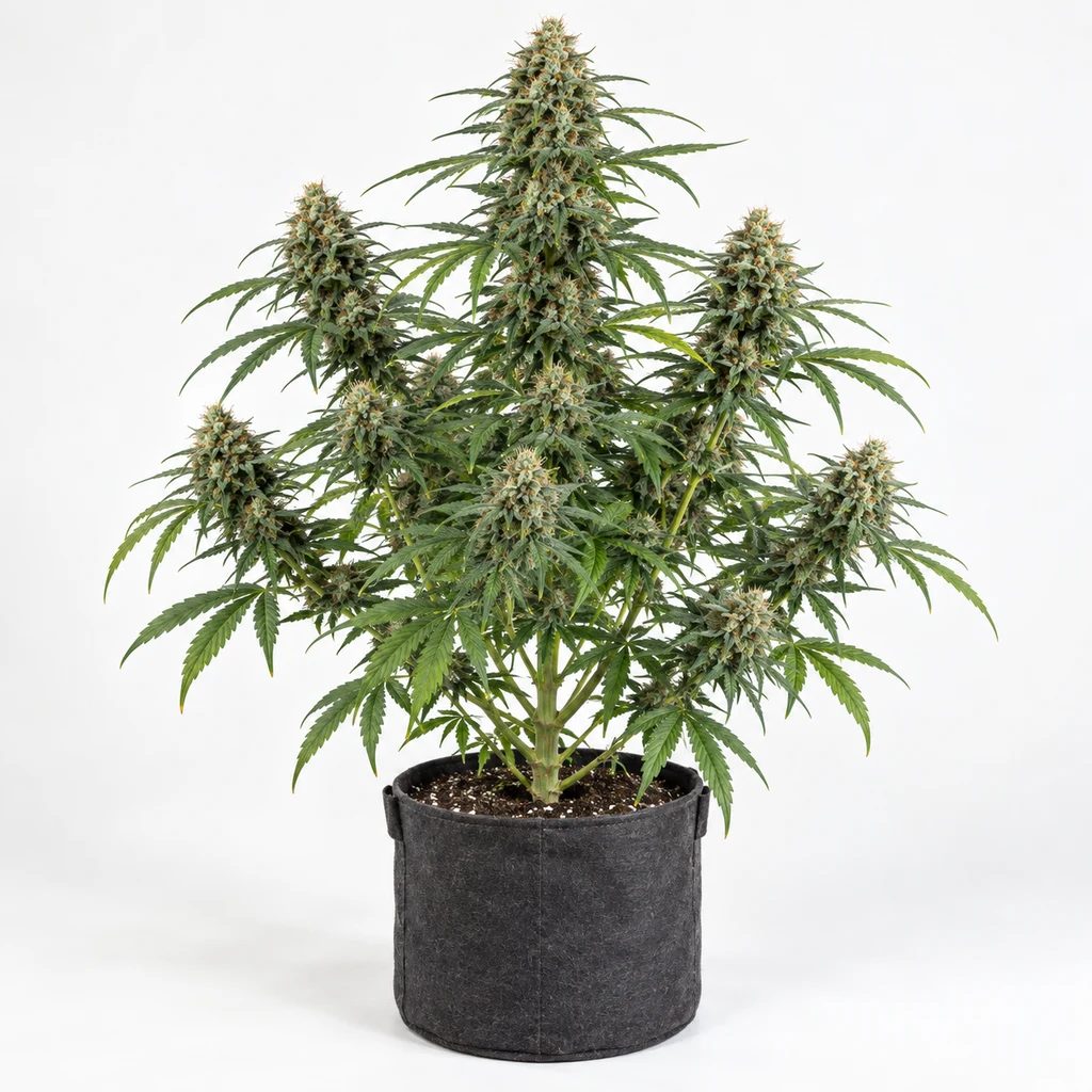 Ilustración de una planta de cannabis en floración, en maceta textil negra, para la ficha de Himalayan CBD Feminizada – Sensi Seeds.