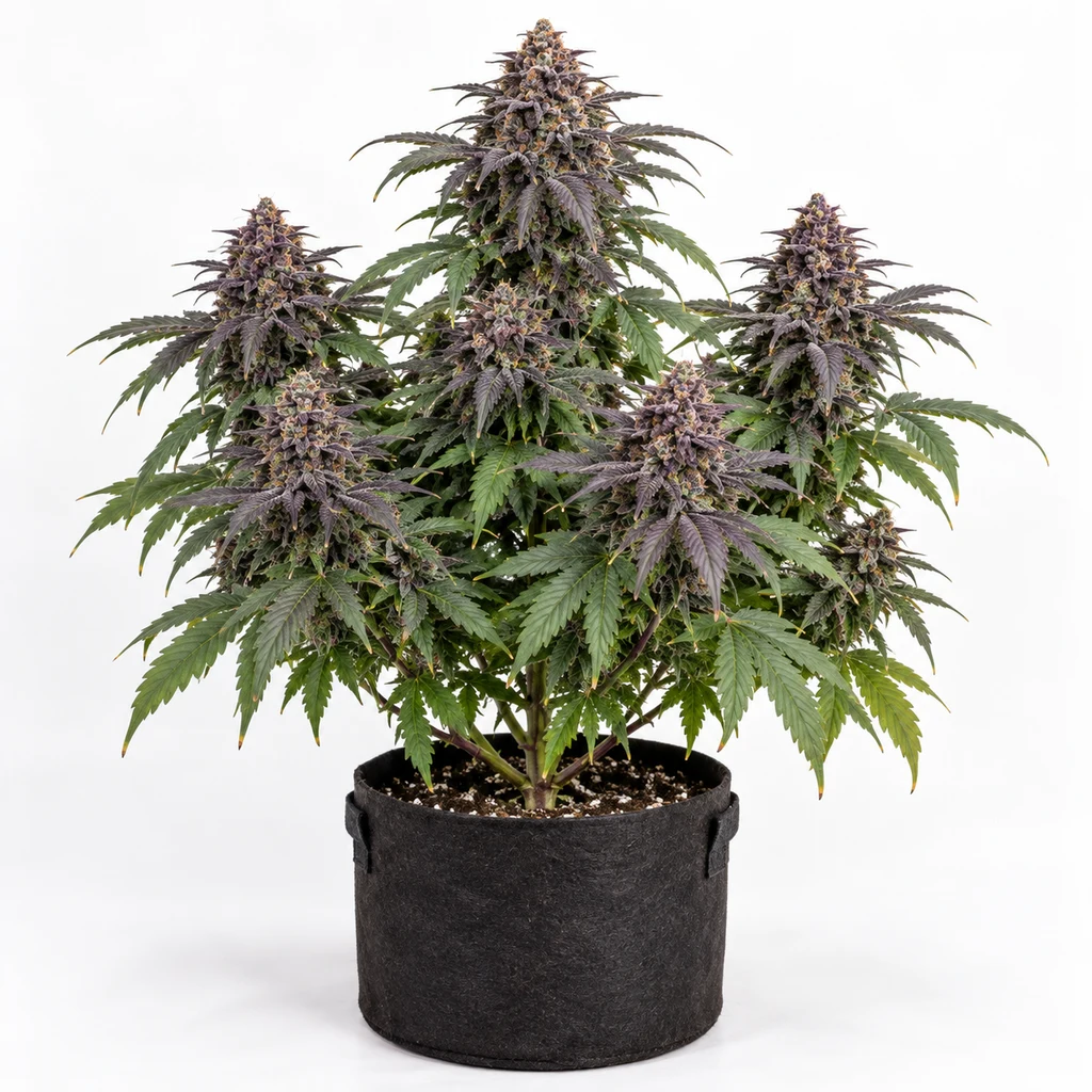Ilustración de una planta con cogollos y hojas de tonos morados en maceta negra para la ficha de Purple Urkle Feminizada.