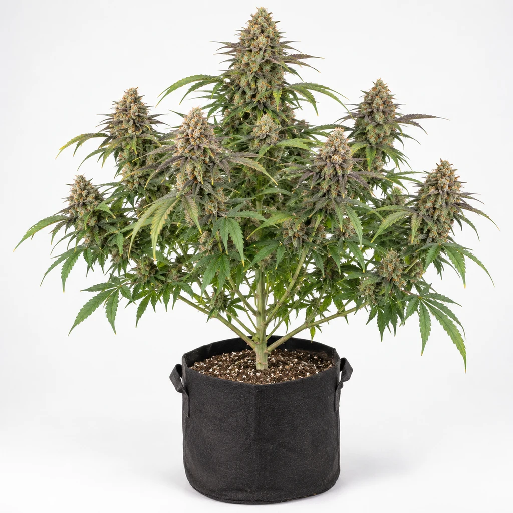 Ilustración de una planta en floración en maceta negra para la ficha de Peanut Butter Breath Fast Flowering, con varios cogollos y hojas verdes.