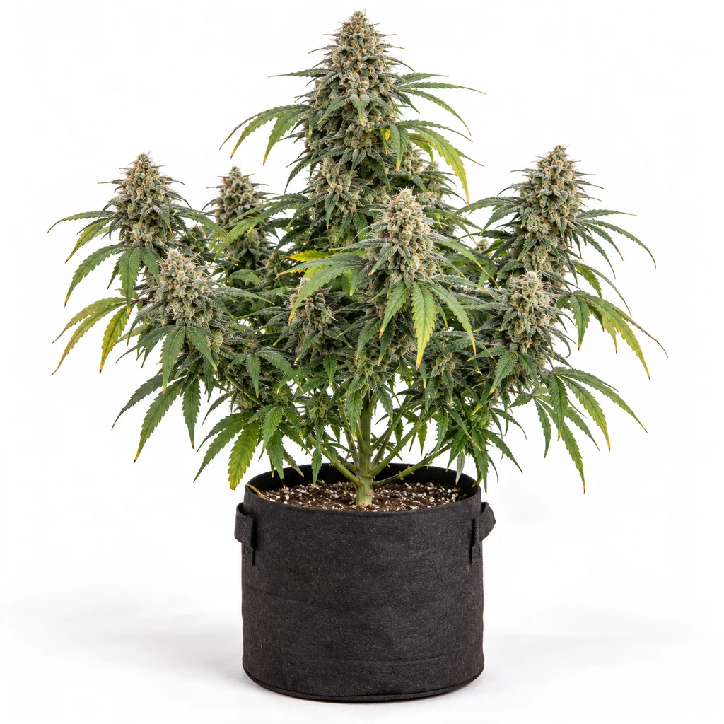 Ilustración de una planta de cannabis en floración en maceta oscura, con cogollos voluminosos, para la ficha de Cheese Exodus Feminizada. Ilustración de una planta de cannabis en floración en maceta oscura, con cogollos voluminosos, para la ficha de Cheese Exodus Feminizada.