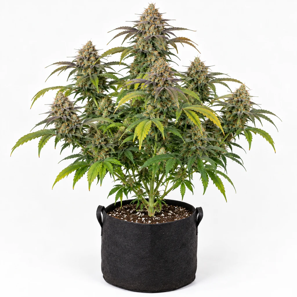 Ilustración de una planta en floración para la ficha de Mango Sherbert Feminizada, con varios cogollos y maceta negra sobre fondo blanco.