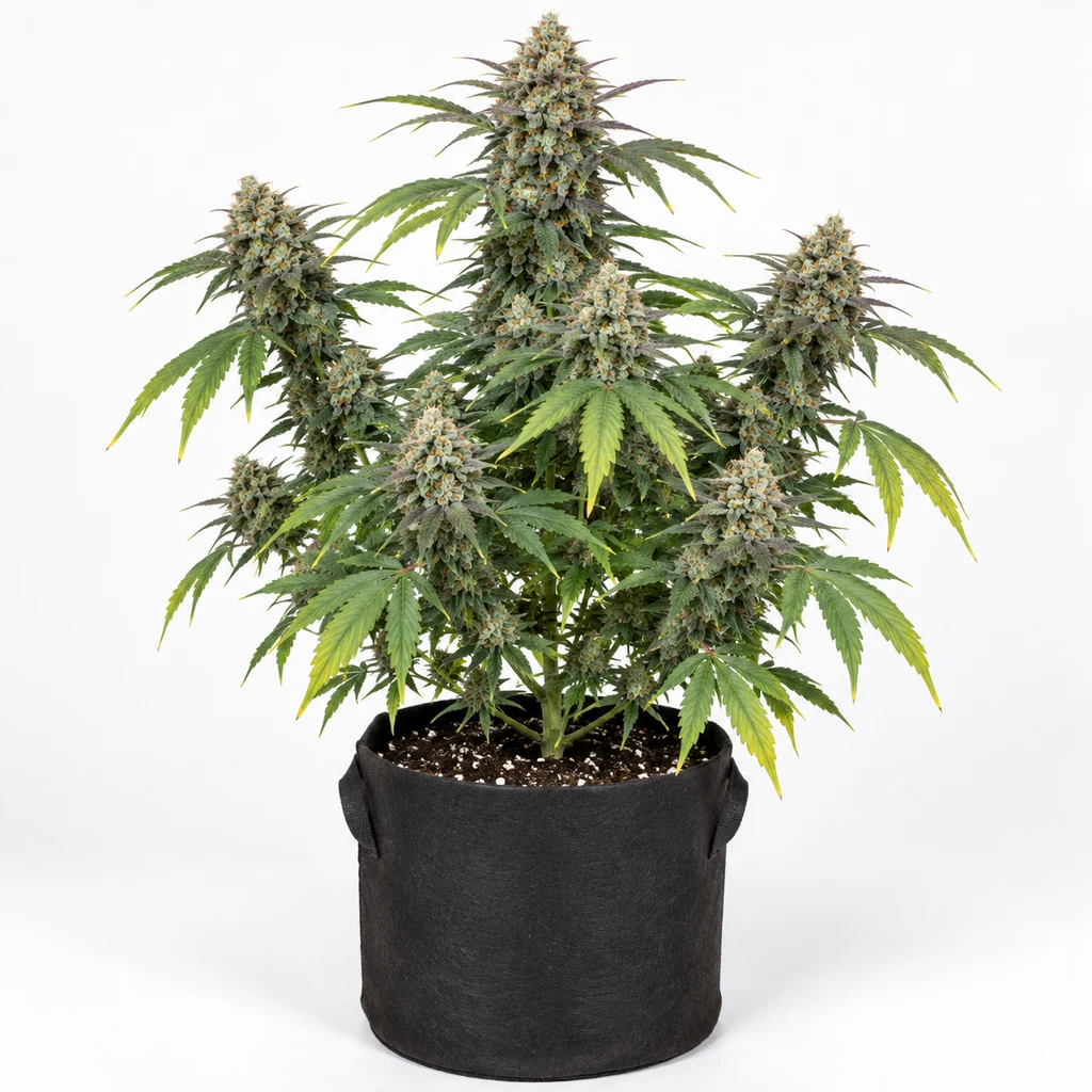 Ilustración de una planta de cannabis en floración para la ficha de Waist Deep Auto, con cogollos voluminosos y maceta negra.