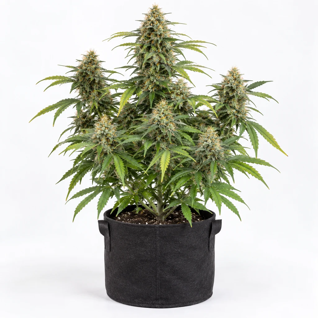 Ilustración de una planta de cannabis con flores abundantes en maceta negra para la ficha de Orange Blossom XXL Auto.