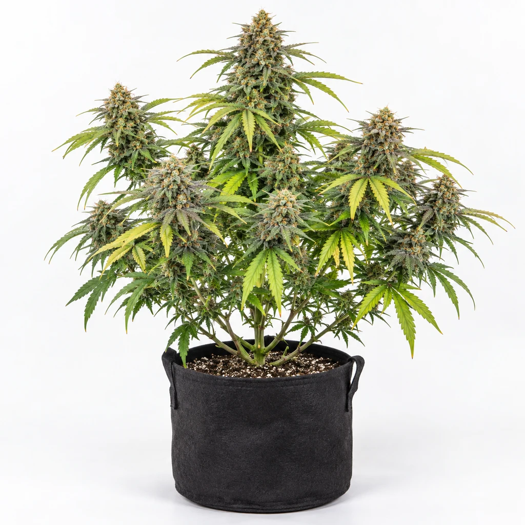 Ilustración de una planta con cogollos voluminosos y hojas verdes y amarillas en maceta negra para la ficha de Banana Stones Feminizada.