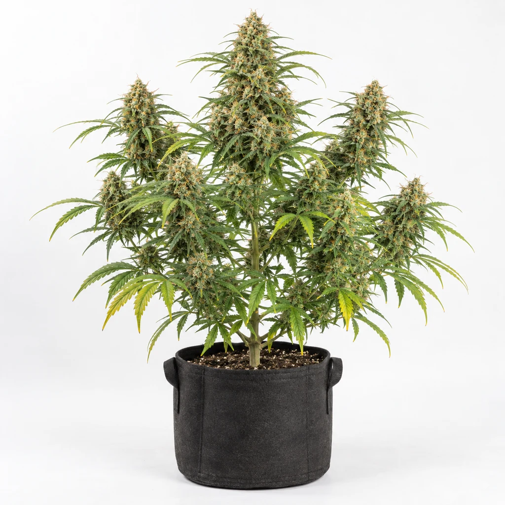 Ilustración de una planta con cogollos alargados y hojas verdes y amarillas en maceta negra para la ficha de Auto Jack Herer.