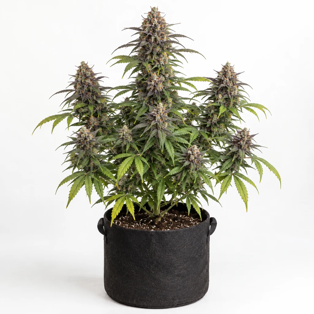 Ilustración de una planta de cannabis para la ficha de Auto Cherry Alien, con cogollos voluminosos y hojas verdes en maceta negra.